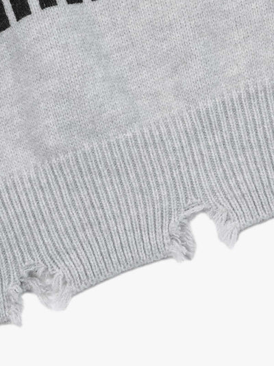 Letter Print Ripped Crew Neck Sweater