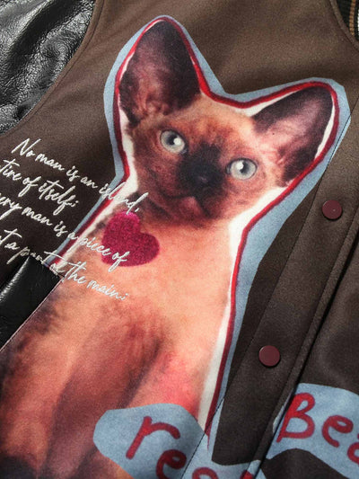 Siamese Cat Embroidery Leather Bomber Jacket - 2217