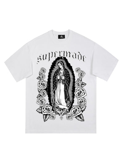 Original Retro Gothic Virgin Mary Floral Print T-Shirt