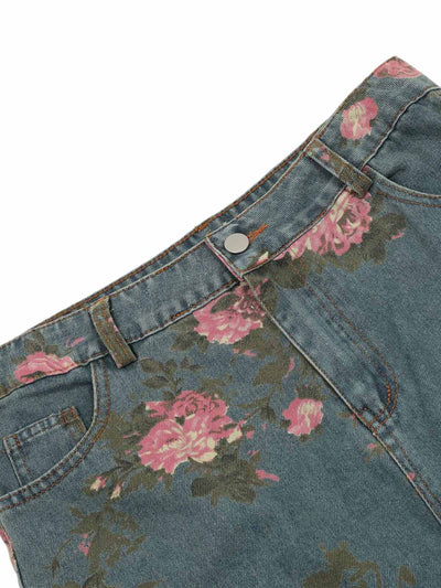 Floral Print Straight Jeans - 2409