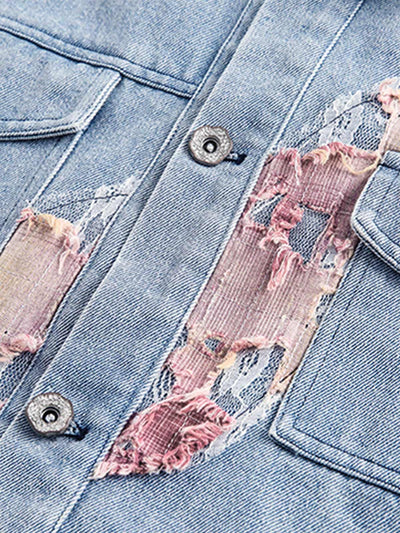 American Street Style Lace Patchwork Denim Jacket