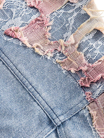 American Street Style Lace Patchwork Denim Jacket