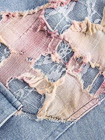 American Street Style Lace Patchwork Denim Jacket