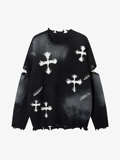Vintage Spray-Painted Cross Hole Knit Sweater