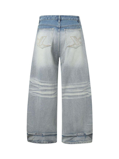 Distressed Washed Whisker Pleated Barrel Jeans