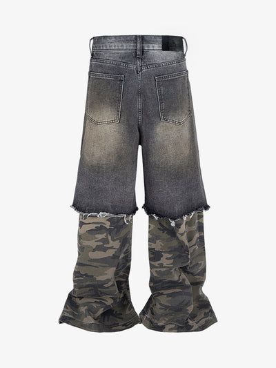 Camouflage Patchwork Flared Wide-leg Ripped Jeans