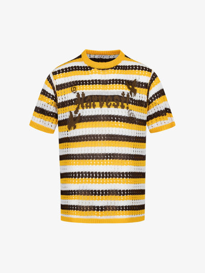 Contrast Striped Crochet Openwork Knit Short-sleeved T-shirt