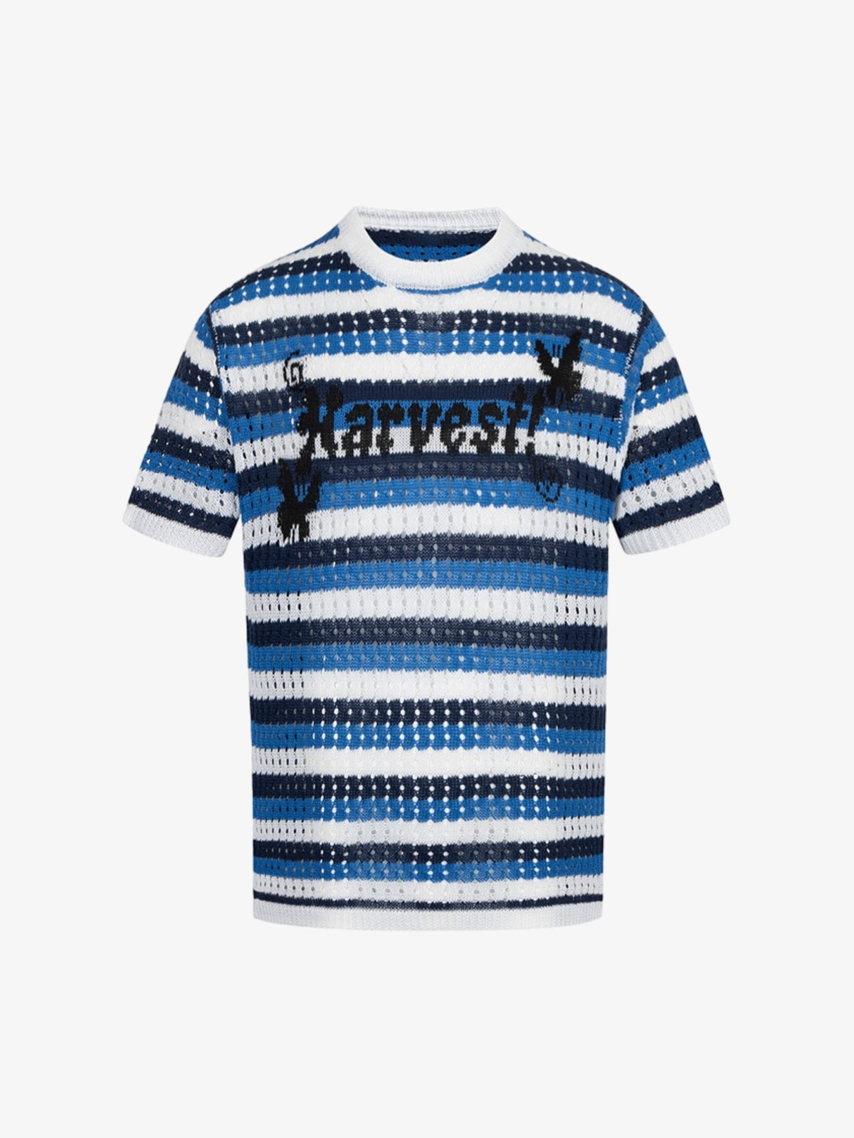 Contrast Striped Crochet Openwork Knit Short-sleeved T-shirt