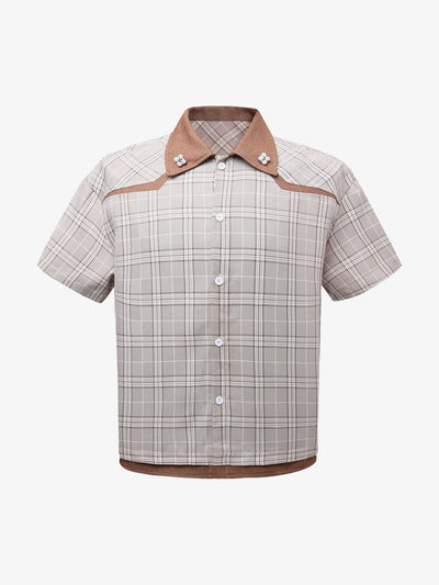 Faux Two-piece Pearl Button Plaid Short-sleeved Shirt