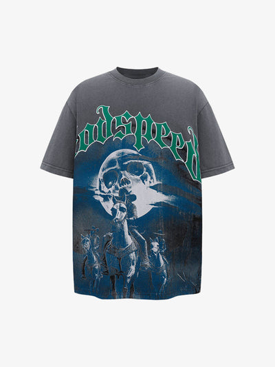 Old Washed Dark Western Cowboy Print T-shirt