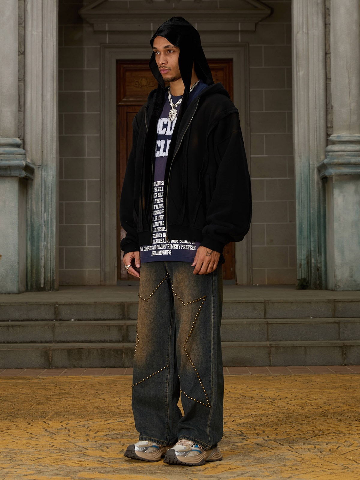 Distressed Patchwork Velvet Cardigan Hooded Sweatshirt