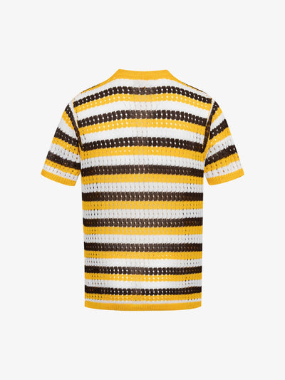 Contrast Striped Crochet Openwork Knit Short-sleeved T-shirt