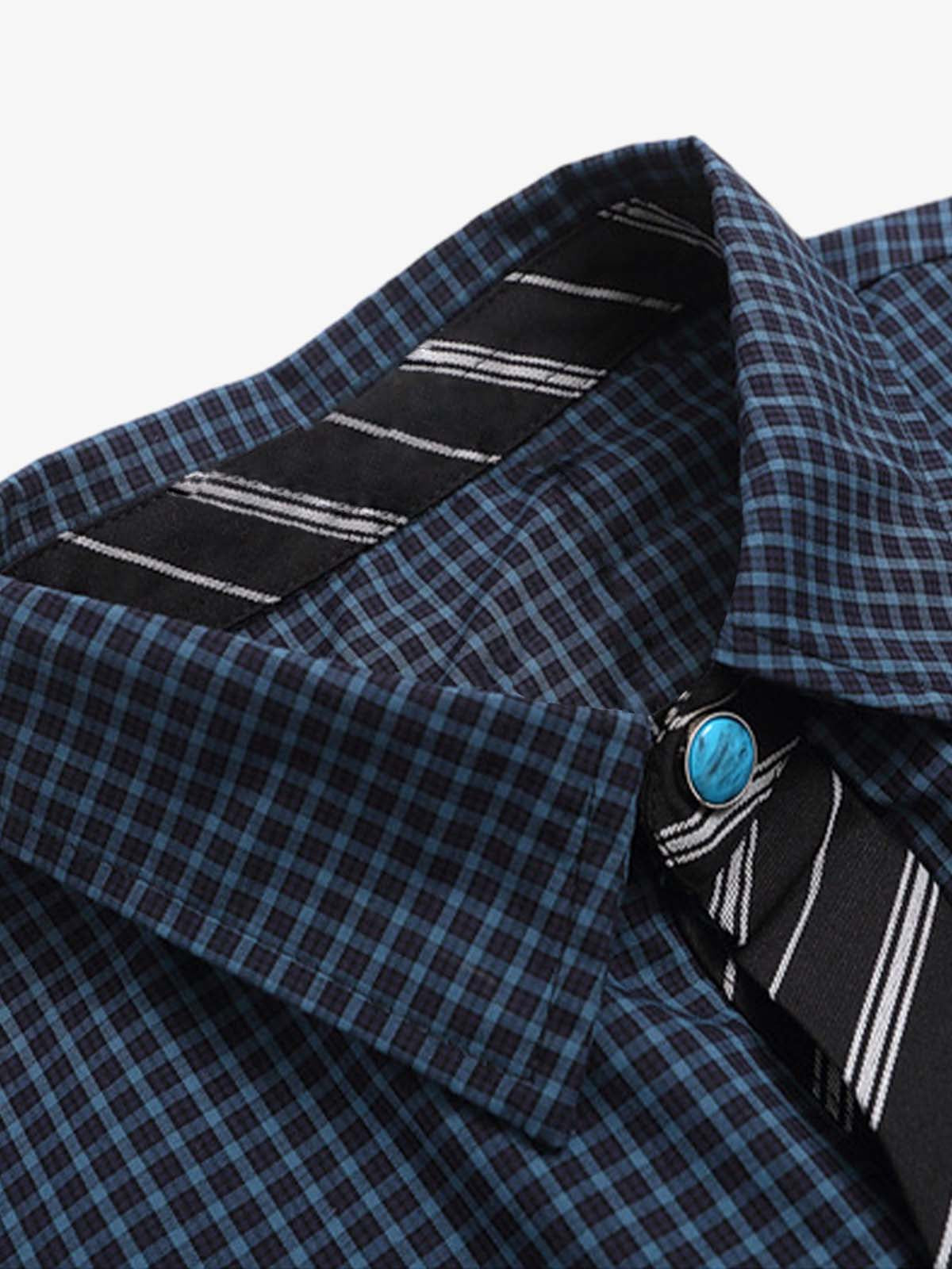 Tie Contrast Stitching Casual Plaid Shirt