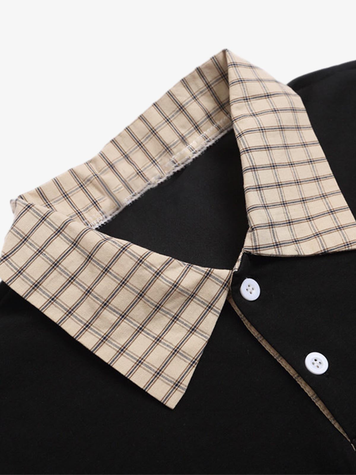 Plaid Patchwork Faux Two-Piece Lapel Polo Shirt