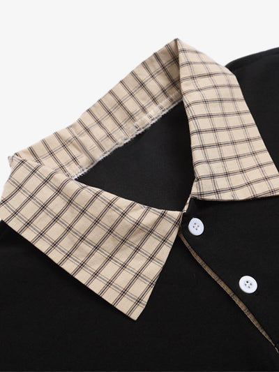 Plaid Patchwork Faux Two-Piece Lapel Polo Shirt