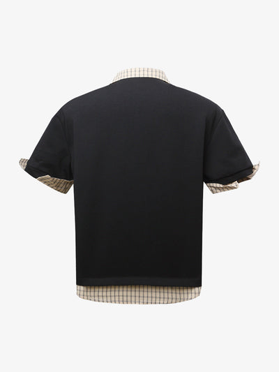 Plaid Patchwork Faux Two-Piece Lapel Polo Shirt