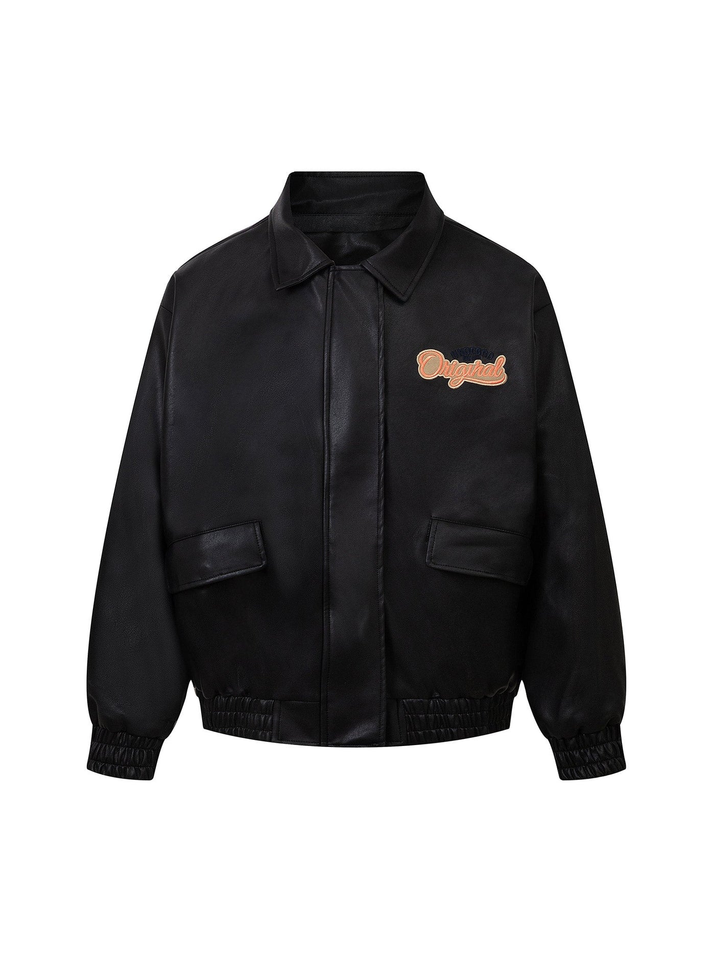 Lettering Embroidered Leather Bomber Jacket