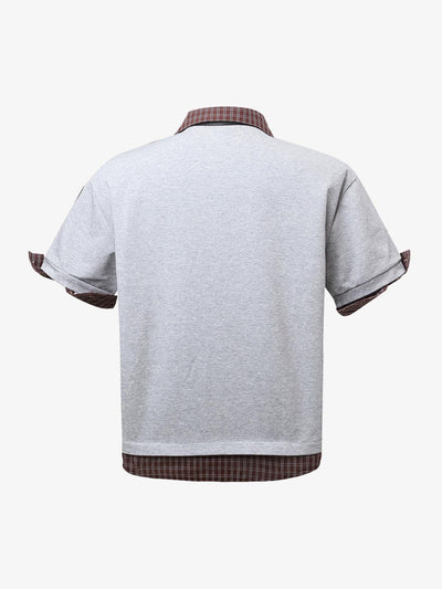 Plaid Patchwork Faux Two-Piece Lapel Polo Shirt
