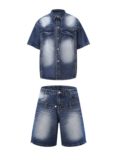 Distressed Washed Workwear Denim Shirt And Jorts Set
