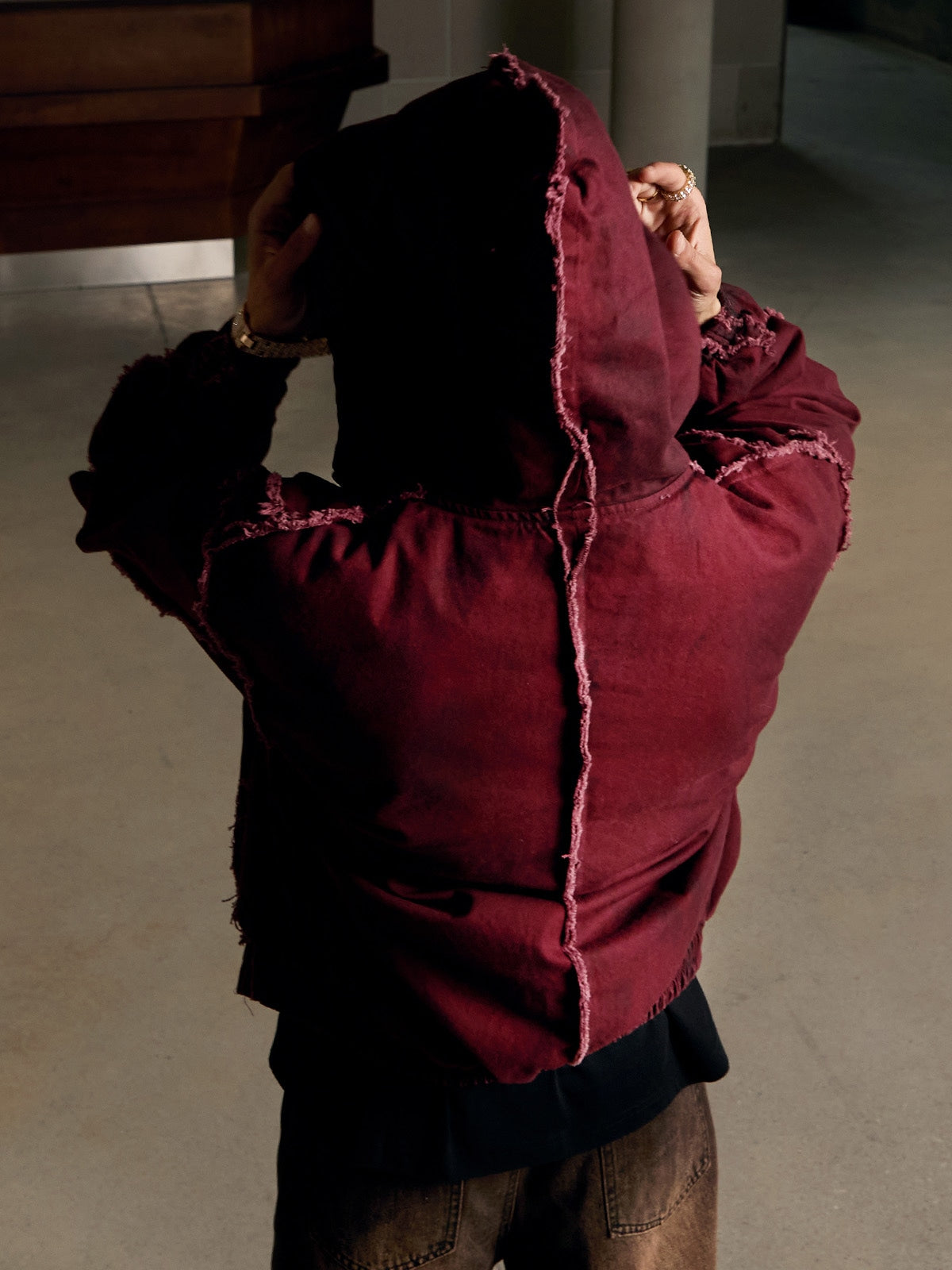 Washed Distressed Fur Hooded Jacket