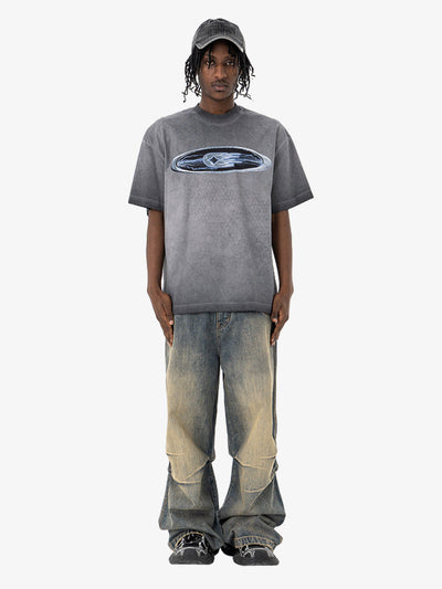 Washed Spray Color Graphic Round Neck T-shirt