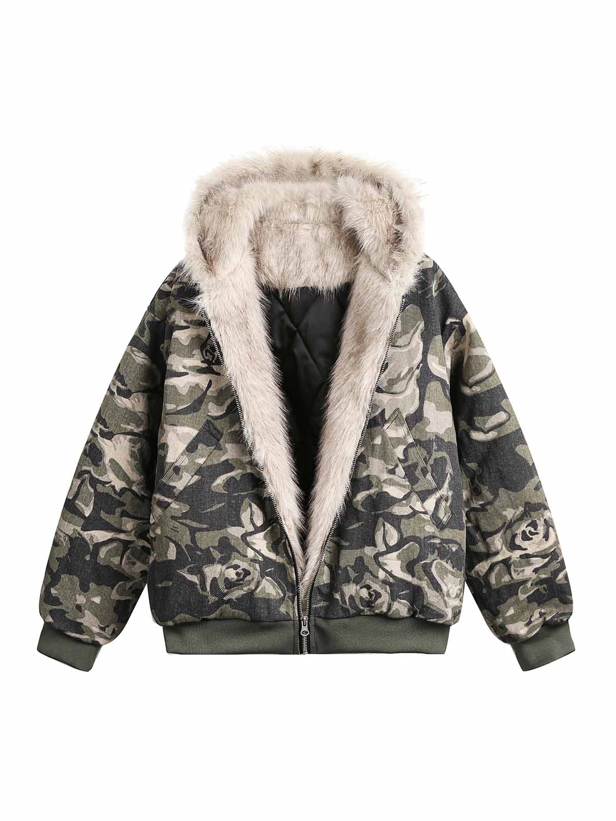 Camouflage Fur Hooded Jacket - 2353