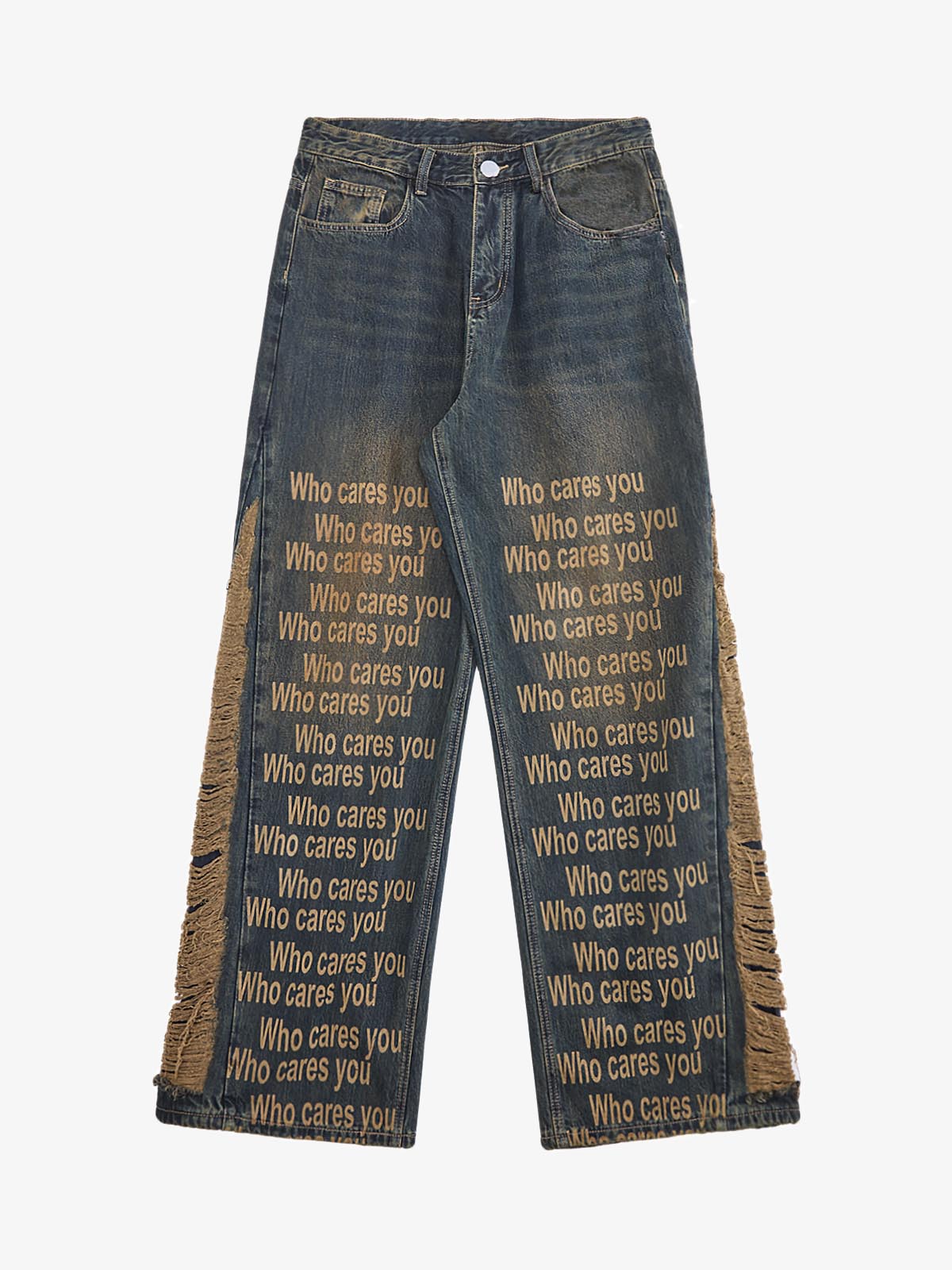 Washed Distressed 'Who Cares You' Print Straight Jeans - 2367