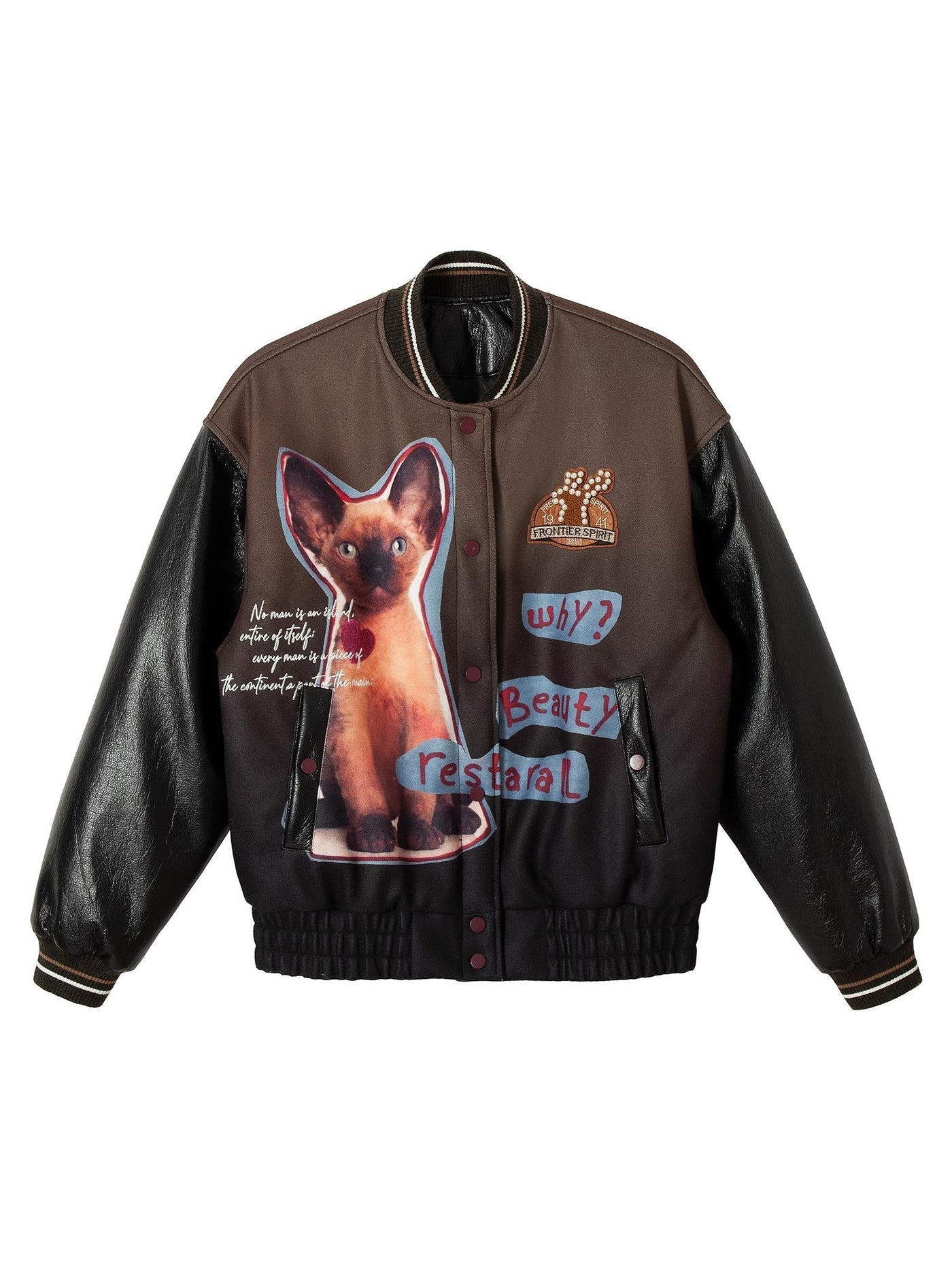 Siamese Cat Embroidery Leather Bomber Jacket - 2217