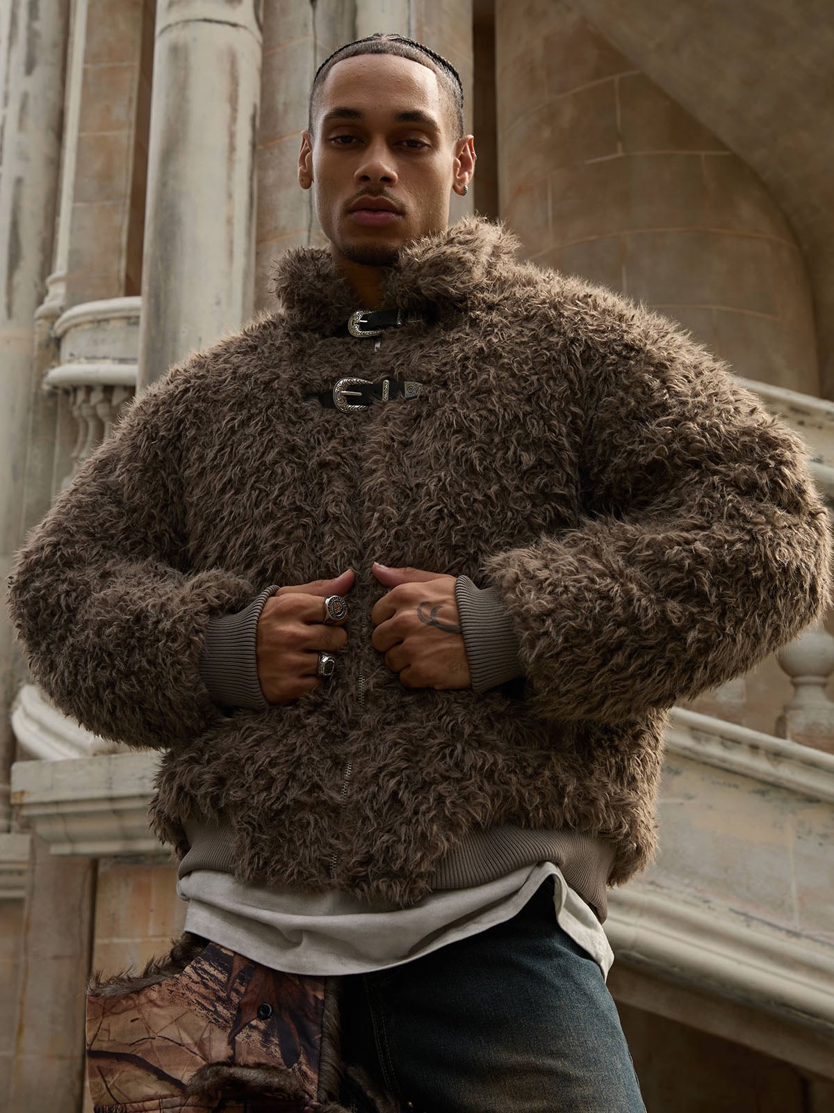 Metal leather button Faux Fur Jacket -2245