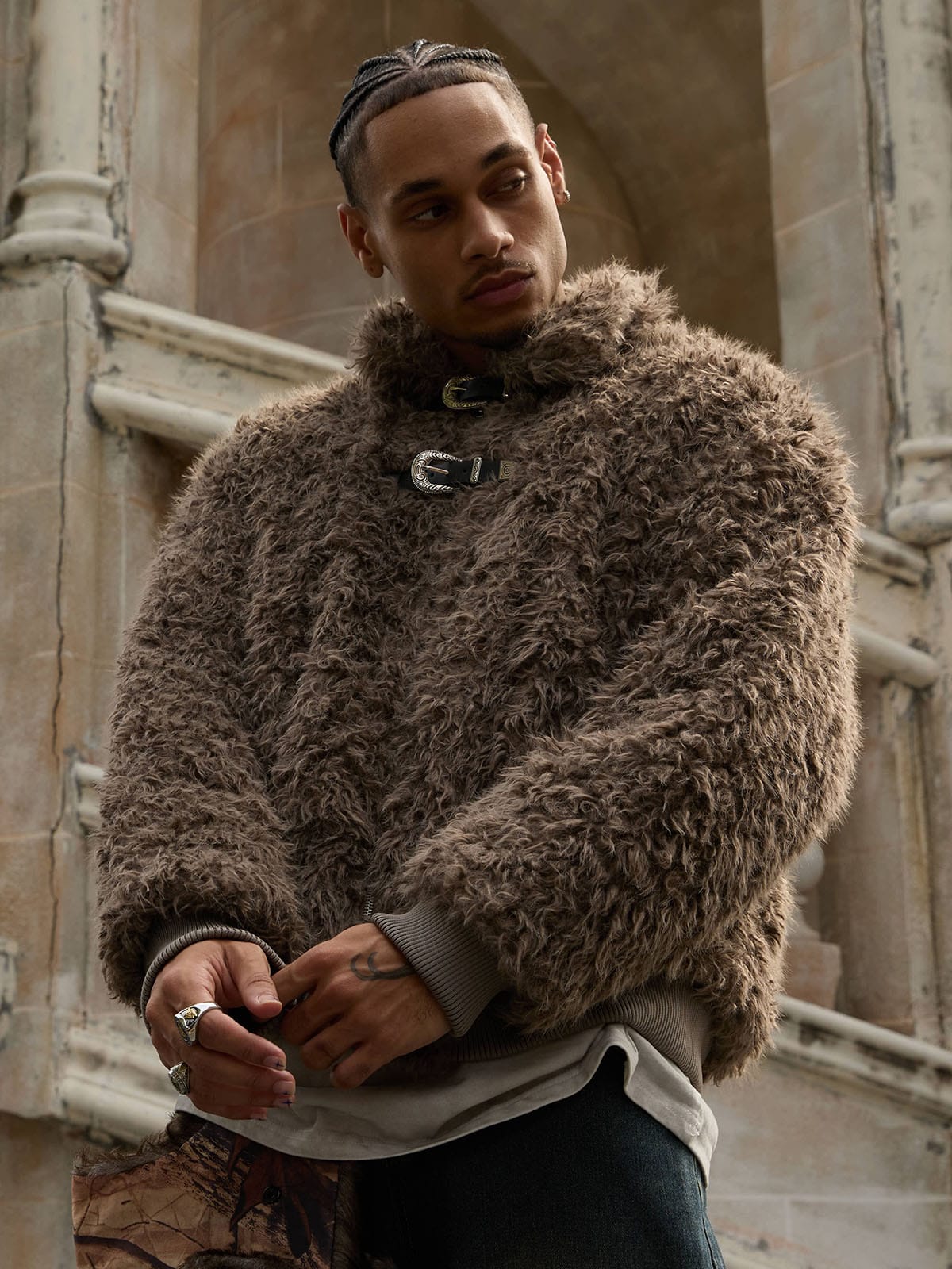 Metal leather button Faux Fur Jacket -2245