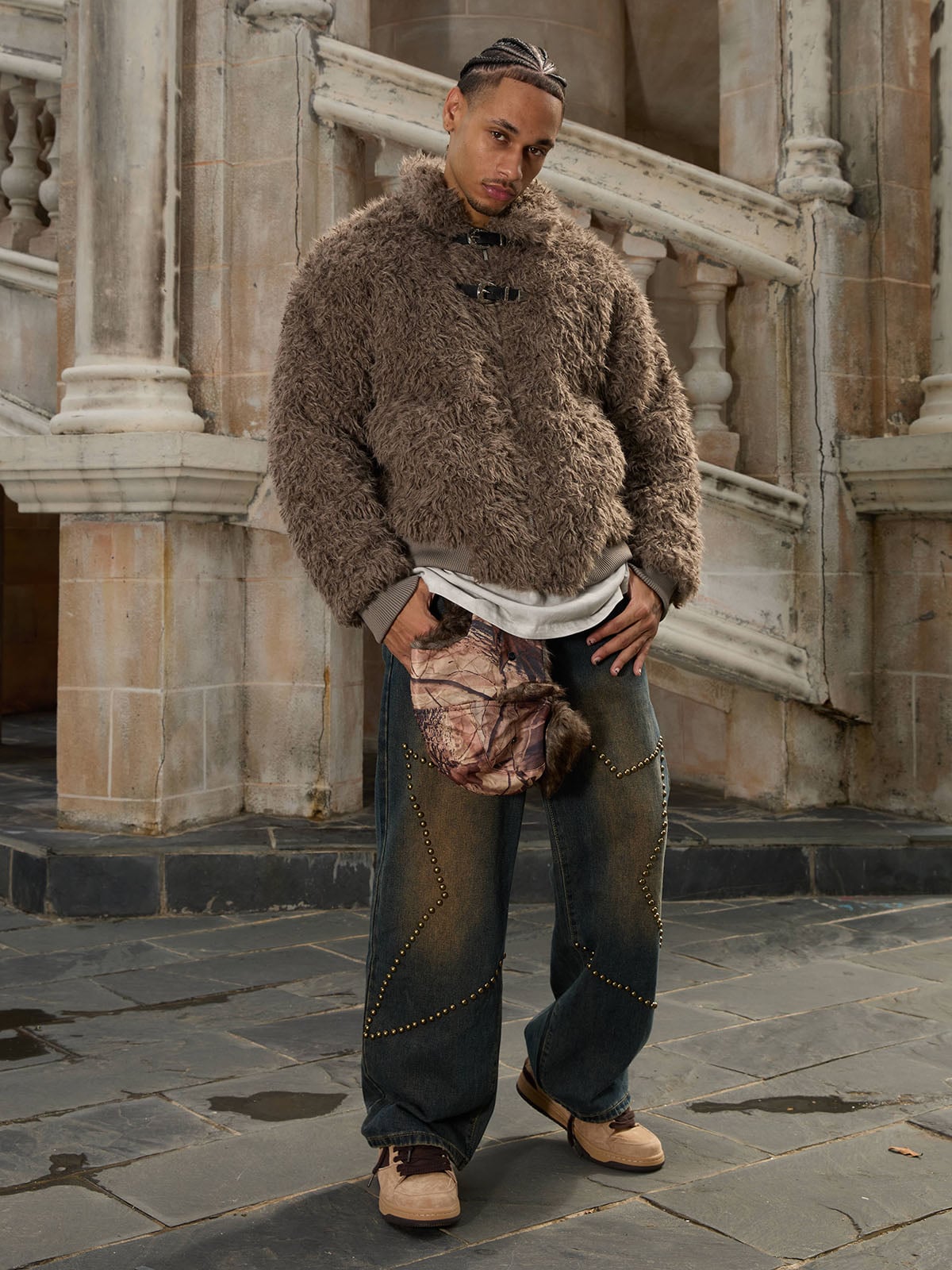 Metal leather button Faux Fur Jacket -2245