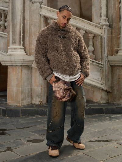Metal leather button Faux Fur Jacket -2245