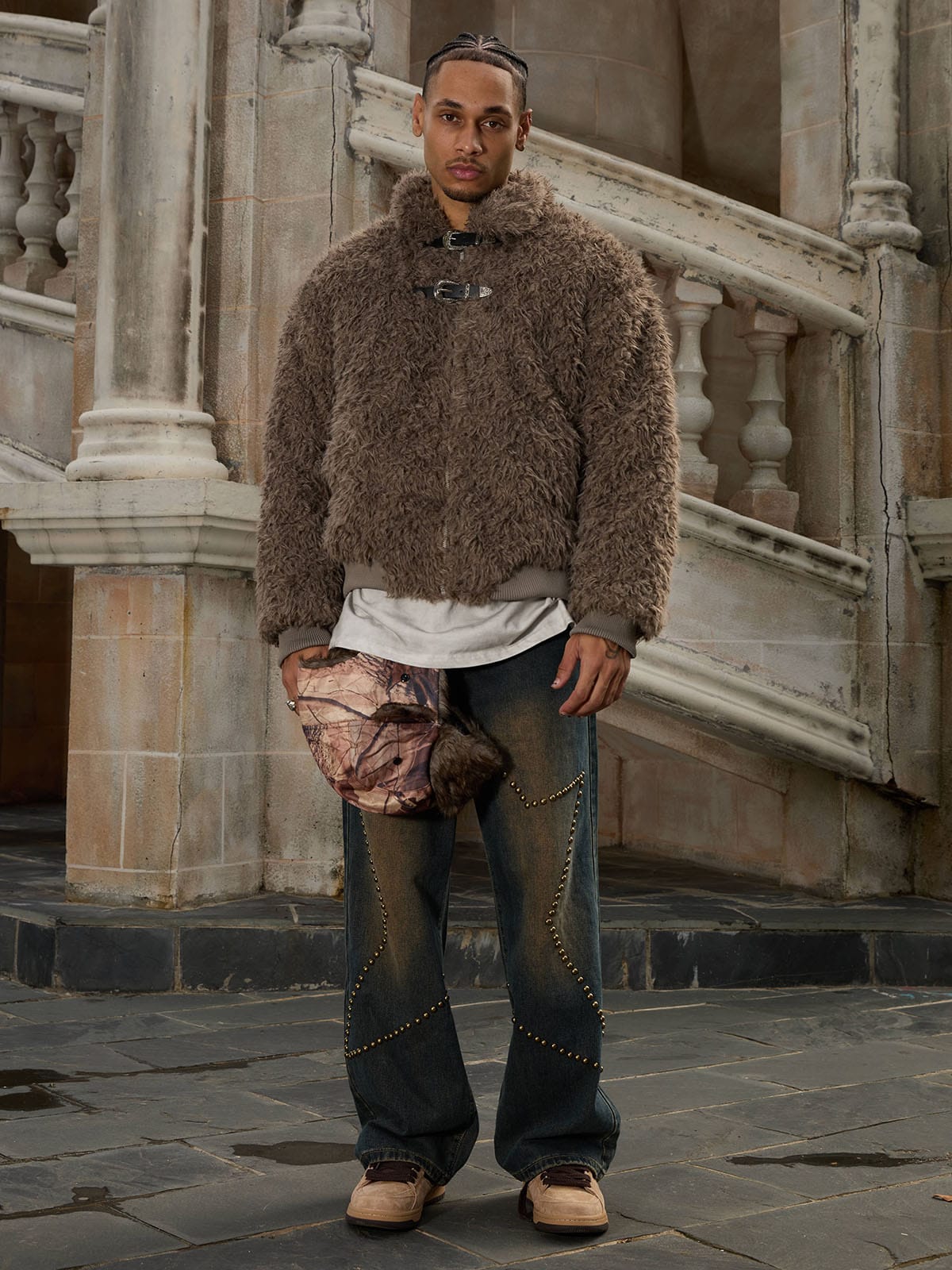Metal leather button Faux Fur Jacket -2245