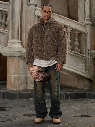 Metal leather button Faux Fur Jacket -2245