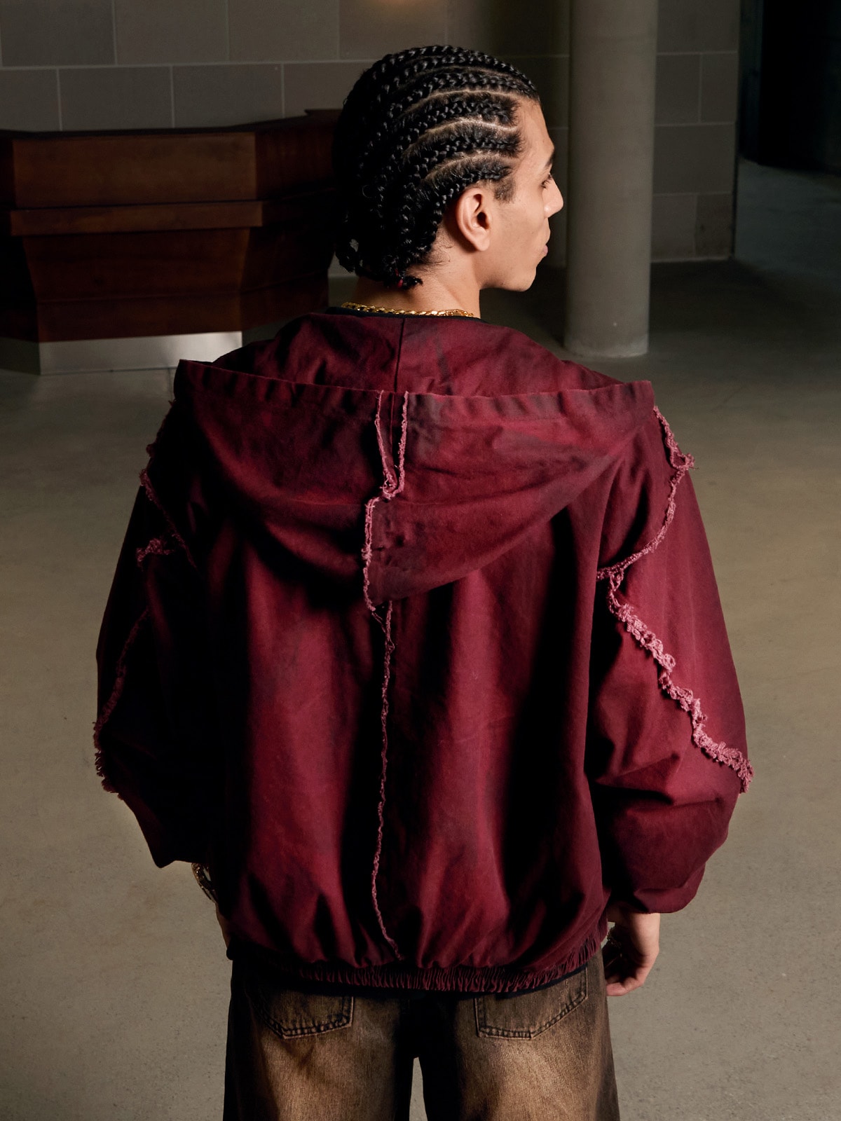 Washed Distressed Fur Hooded Jacket