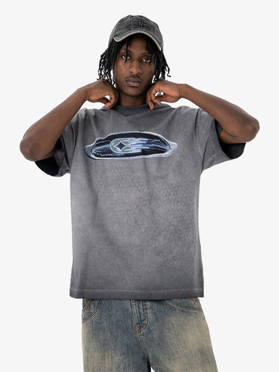 Washed Spray Color Graphic Round Neck T-shirt