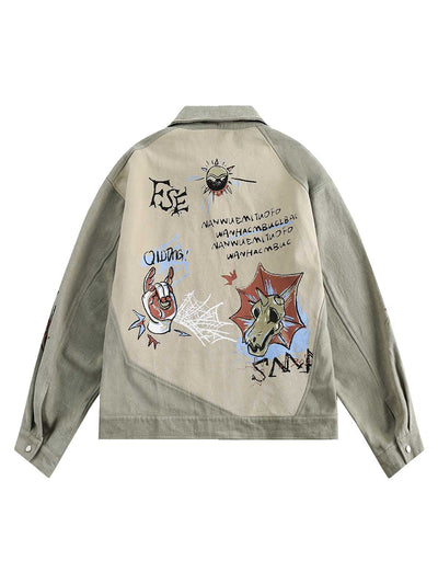 Graffiti Patchwork Lapel Denim Jacket - 2224
