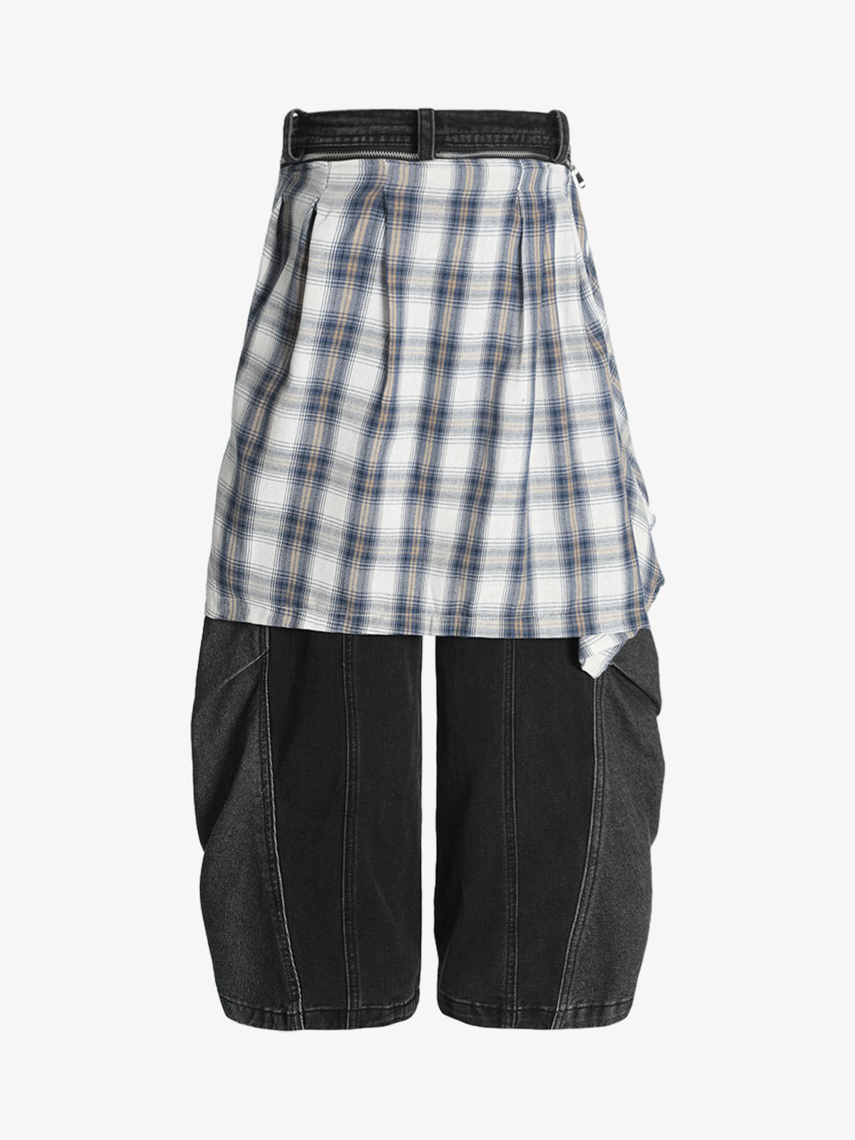 Faux Two-piece Plaid Detachable Scimitar Jeans