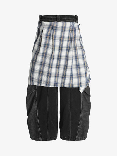 Faux Two-piece Plaid Detachable Scimitar Jeans