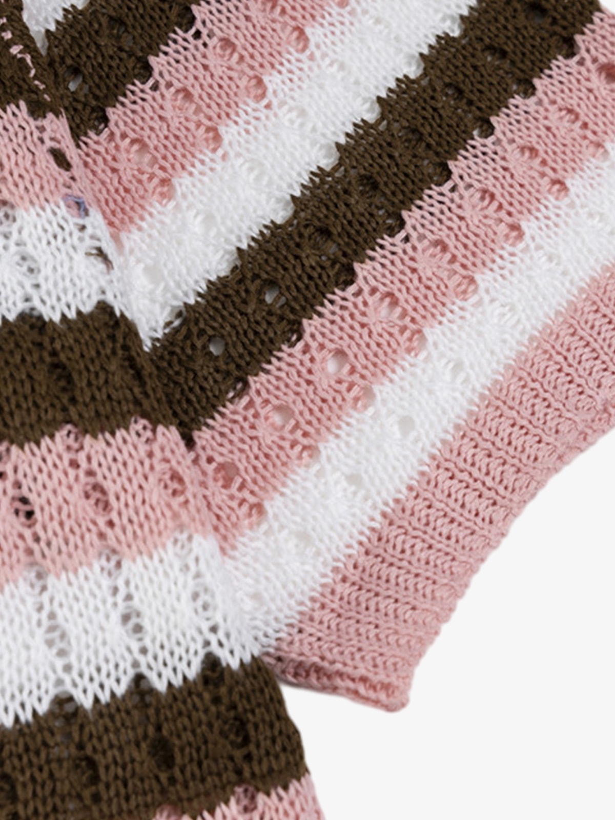 Contrast Striped Crochet Openwork Knit Short-sleeved T-shirt