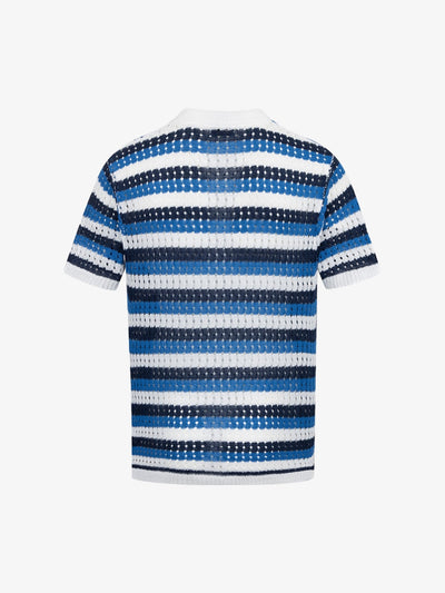 Contrast Striped Crochet Openwork Knit Short-sleeved T-shirt