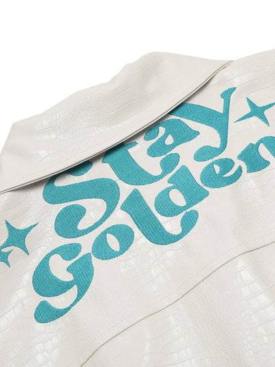 Star Embroidered PU Leather Jacket - 2358