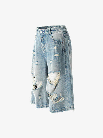 Street Retro Washed Distressed Ripped Denim Shorts