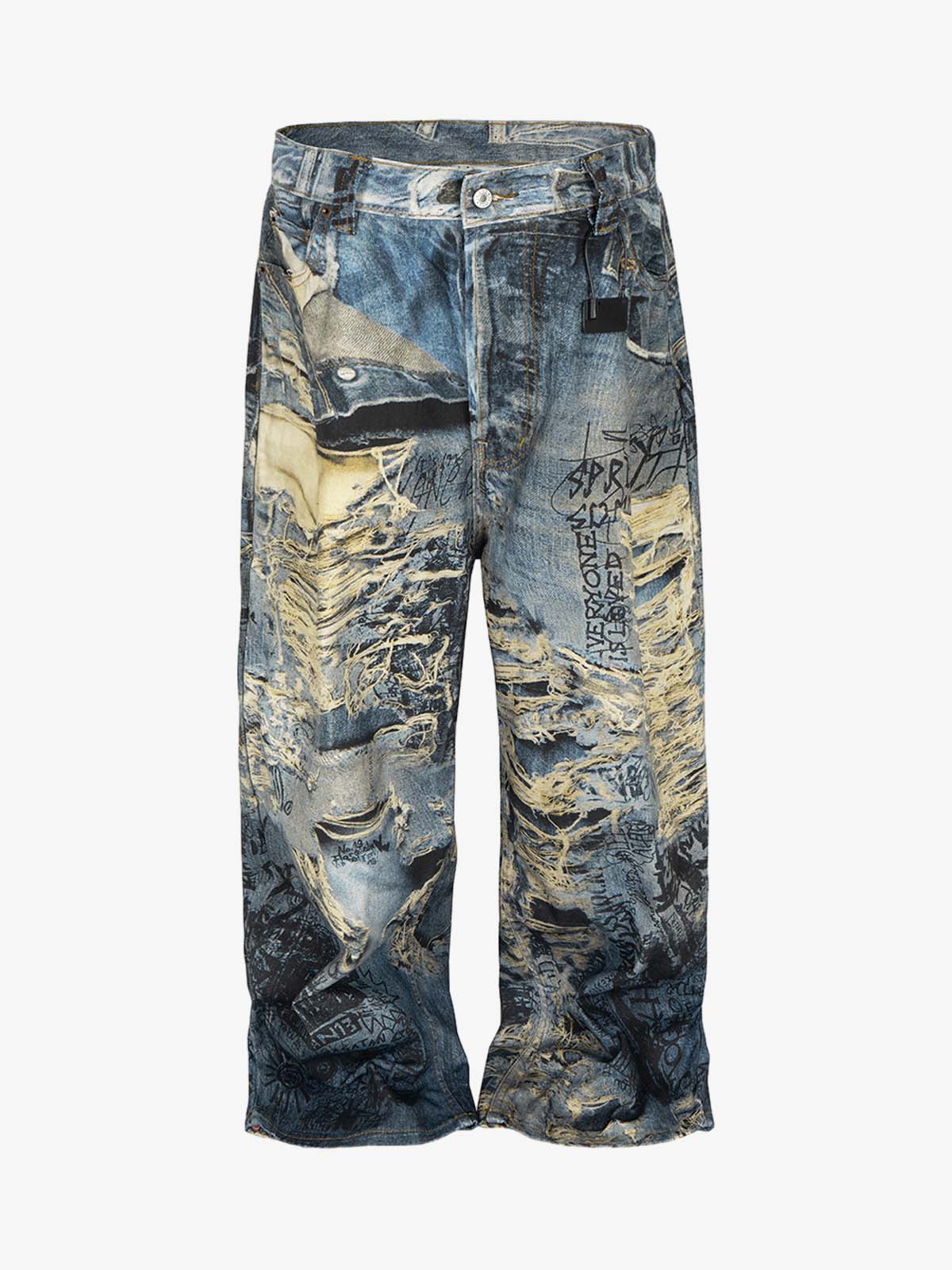 Ripped Holes Torn Optical Printed Jeans