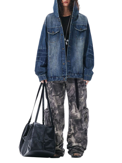 Retro Washed Workwear Denim Hooded Jacket