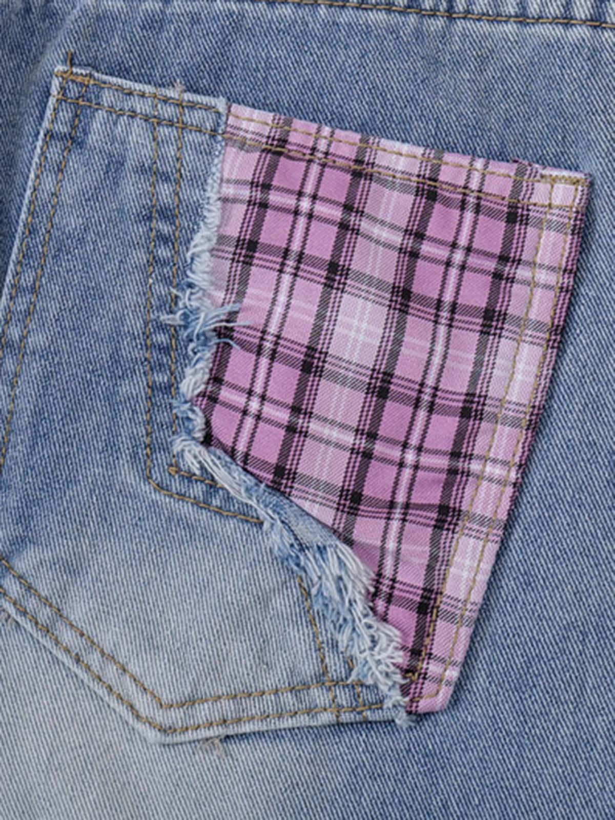 Street Ripped Plaid Bow Jeans