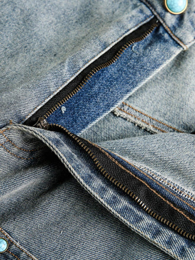 Distressed Rivet-washed Ripped Barrel Jeans