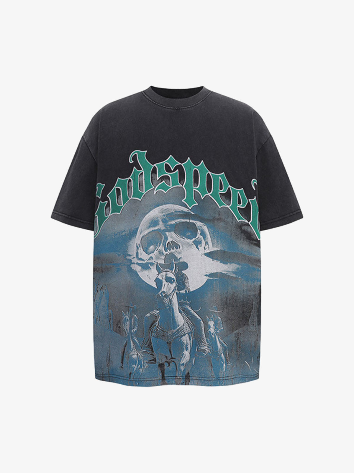 Old Washed Dark Western Cowboy Print T-shirt