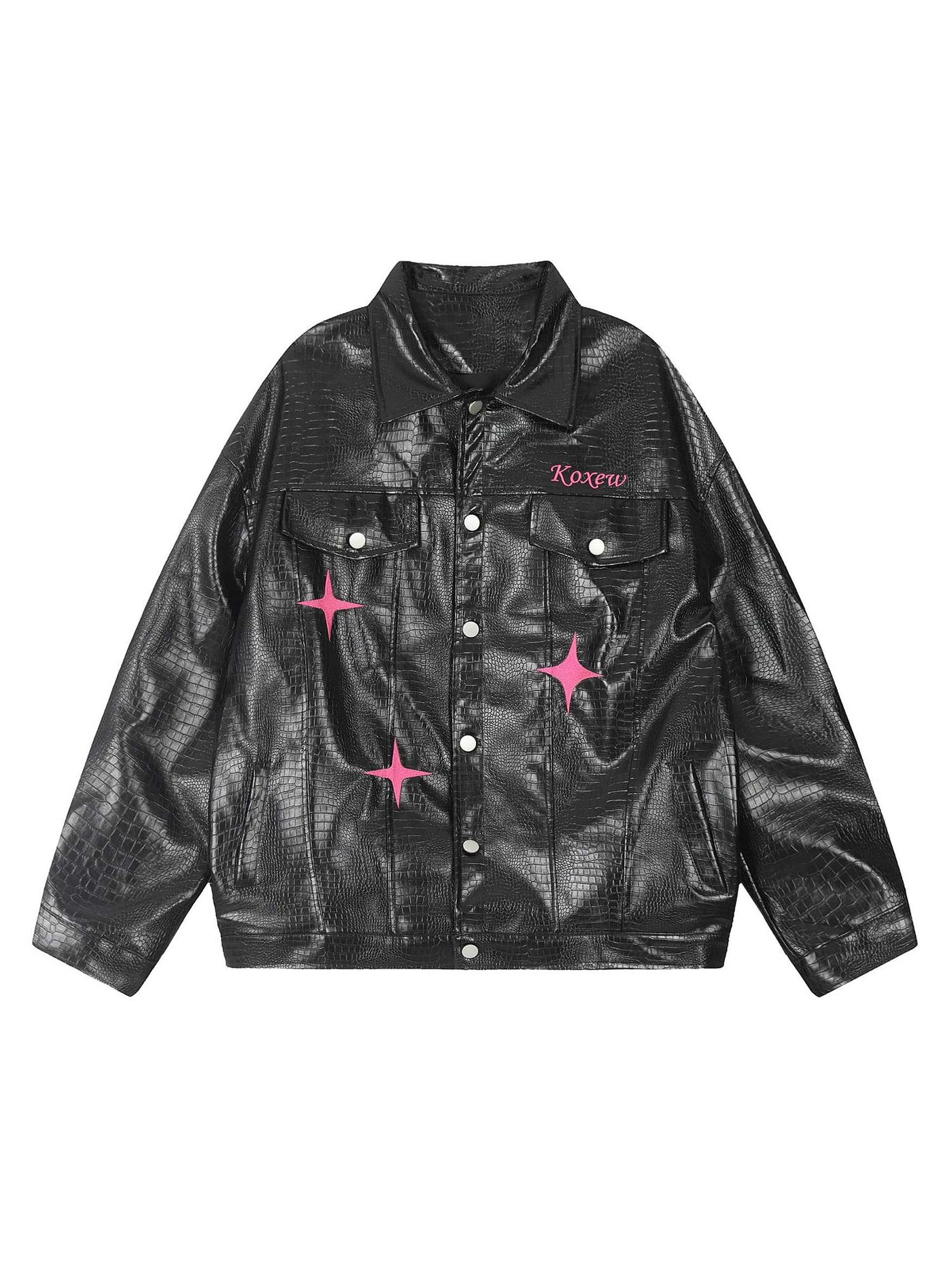 Star Embroidered PU Leather Jacket - 2358