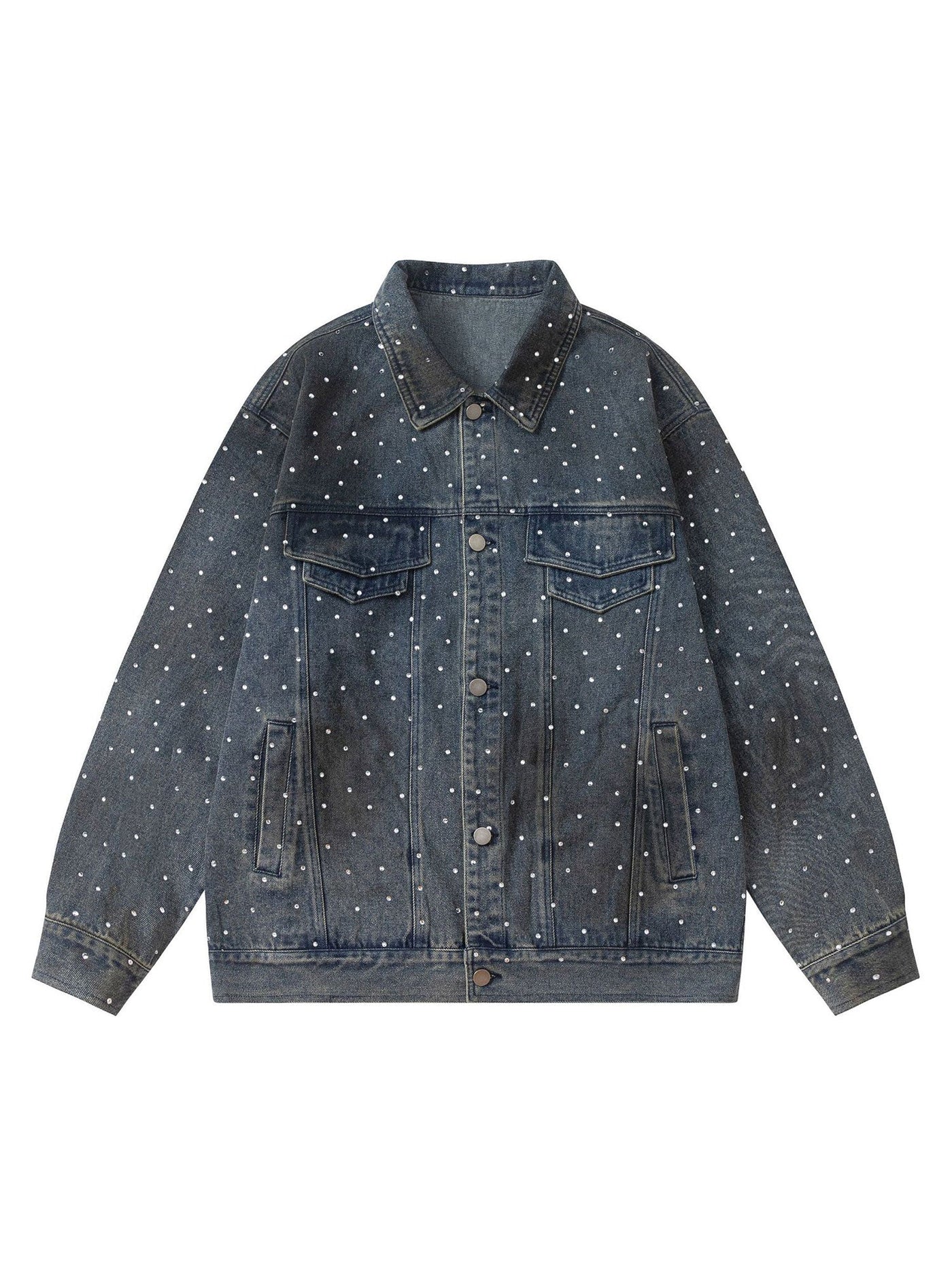 Hip-hop Beaded Washed Denim Jacket - 2264